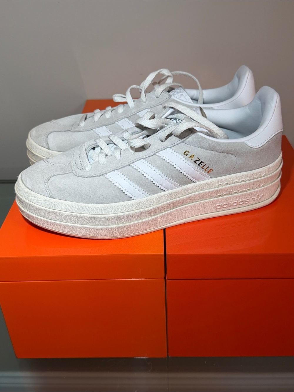 Adidas Gazelle Bold Women’s Light Gray Suede Sneakers with White Stripes - Picture 3 of 9
